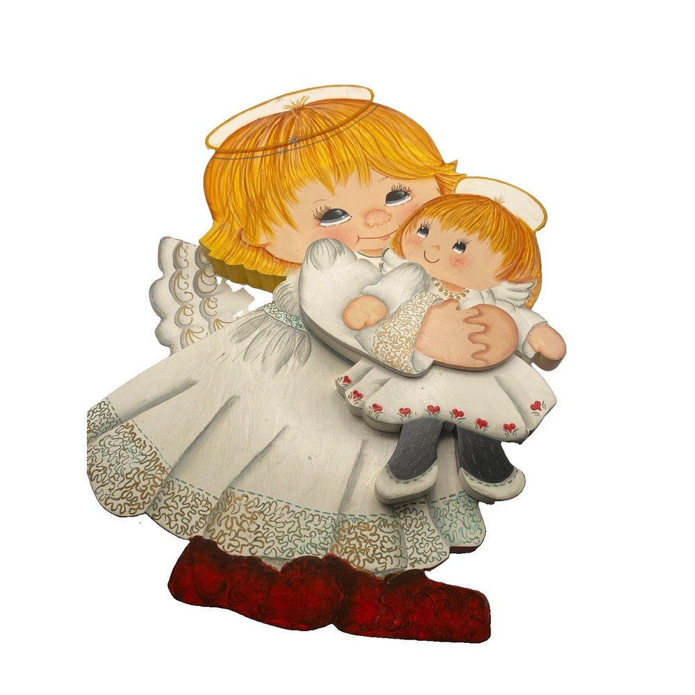 VTG 1970's 1980's Handcrafted Wooden Cutout Guardián Girl And Boy Angels-2ft